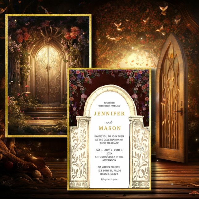 Einladung zum Hochzeitsfeiern im bezaubernden Gart (Enchanted Garden Gate Wedding Invitation #zazzlemade #dreamyinvitation#zazzlefinds #vintagefairytale)