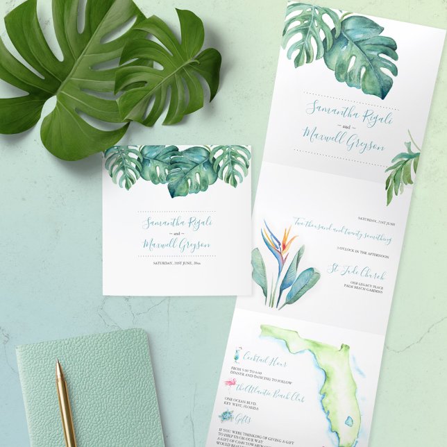 Einladung zum Hochzeitsfeiern in Tropical Florida (All in one Florida destination wedding invitations tropical watercolor art by Victoria Grigaliunas)