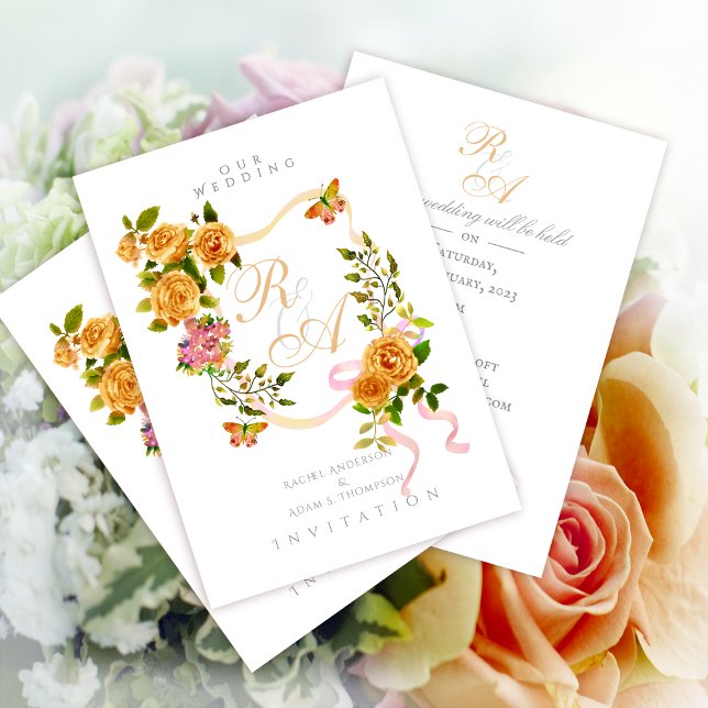 Einladung zum Hochzeitsfeiern mit Gold Rose Ribbon (Elegant Gold Rose Ribbon Monogram Invitation Card.)