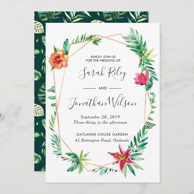 Einladung zum Hochzeitsfeiern mit tropischem Flair (Vorne/Hinten)