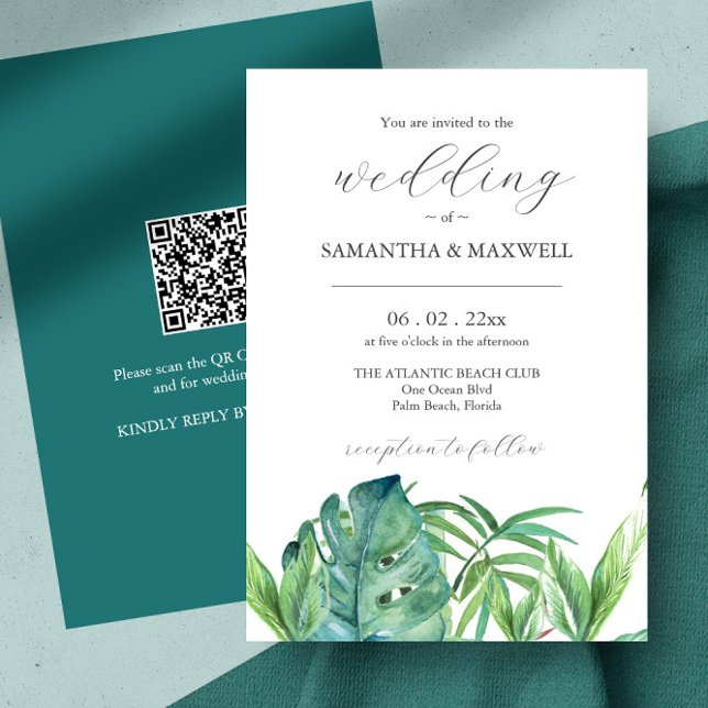 Einladung zum Hochzeitsfeiern mit tropischen QR-Bl (Affordable destination wedding ideas feature tropical watercolor art by Victoria Grigaliunas )
