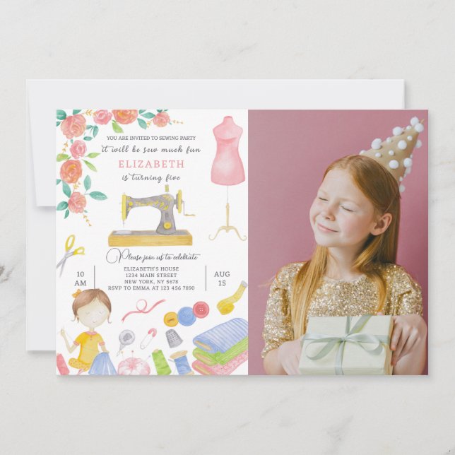 Einladung zum Nähen am Geburtstag mit Foto (Vorderseite)