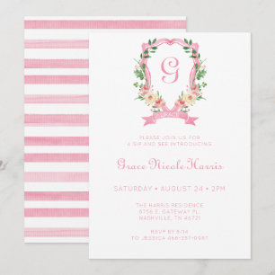 Einladung zum Pink Floral Crest Girl Sip And See