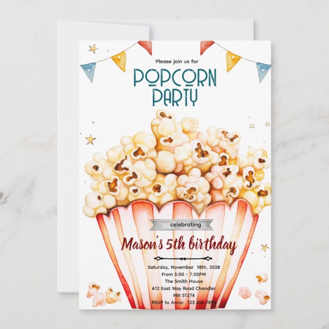 Einladung zum Popcorn-Party-Thema (Vorderseite)