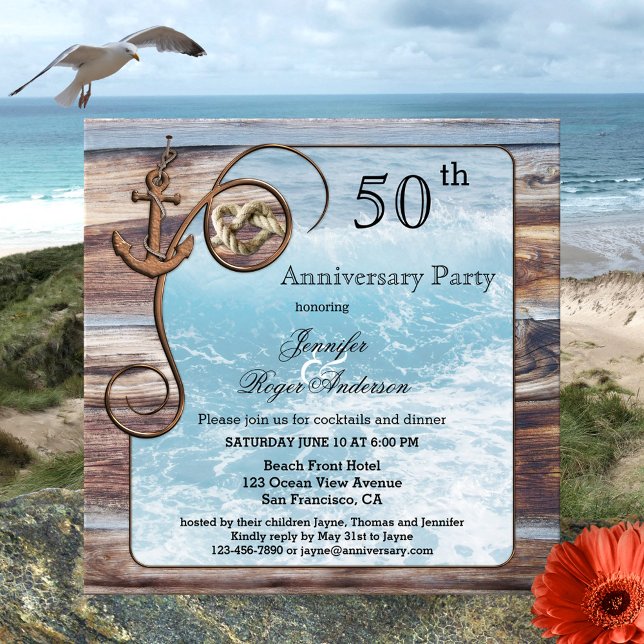Einladung zum rustikalen Jahrestag (Wedding anniversary invitation featuring ocean waves framed by rustic wood, an anchor and tied knot)