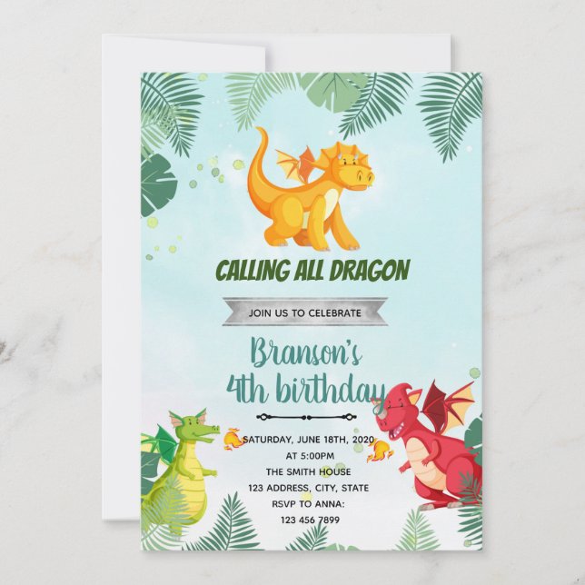 Einladung zum Thema Drache und Ritter (Vorderseite)