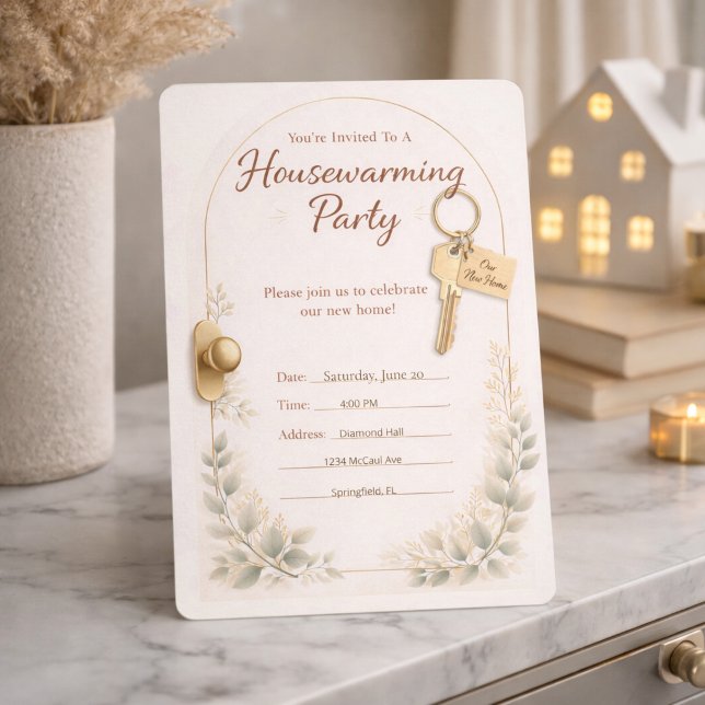 Einladung zum Treffen mit dem goldenen Schlüssel (Key to new beginnings with gold accents, arch design, and soft greenery detail)