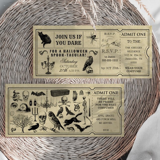 Einladung zum Vintagen Ticket Halloween-Party (Vintage Ticket Halloween Party Invitation Front and Back)