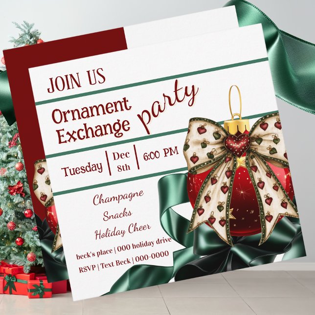 Einladung zum Weihnachtsfeiertag (Cute Christmas Oranment Exchange party invitation with coquette bow and ribbon)