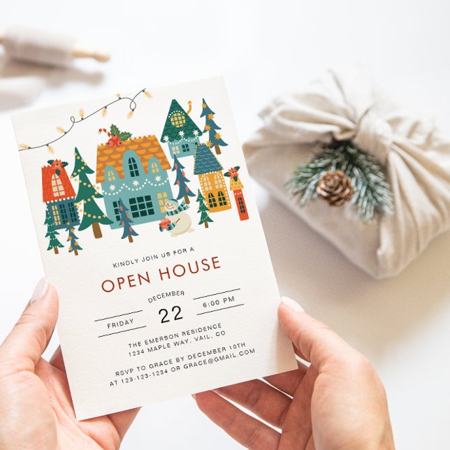 Einladung zum Weihnachtsfeiertag (Cute Retro Holiday Houses Open House Christmas Invitation by Painted Paperie)