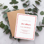 Einladung zum Weißroten Geburtstag<br><div class="desc">Modernes,  elegantes und einladendes Hotel. Weißer Hintergrund mit rotem Rahmen. Personalisieren und fügen Sie einen Namen und Details. Roter Text. 1 Blatt = 1 Einladung mit Druckkante bis Kante.</div>