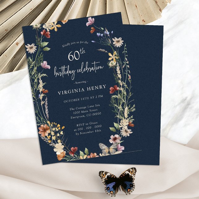 Einladung zur 60. Geburtstagsparty der Marine (Navy Blue Floral Boho 60th Birthday Party Invitation by Painted Paperie
)