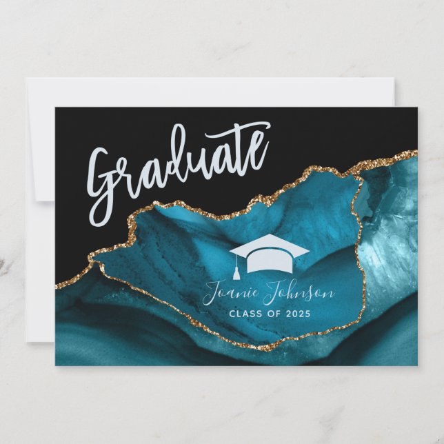 Einladung zur aquamarinen und Gold Glitzer Graduat (Vorderseite)