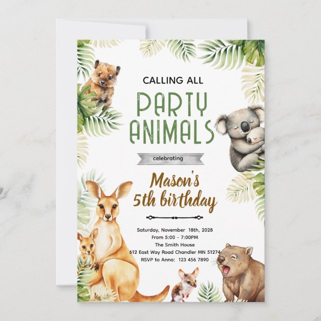 Einladung zur australischen Tierparty (Vorderseite)