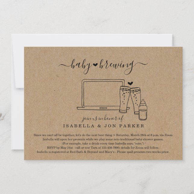 Einladung zur Baby Brewing Virtual Baby Dusche (Vorderseite)