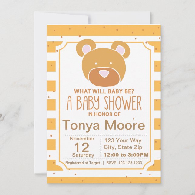 Einladung zur Baby-Dusche mit gelbem Bären (Vorderseite)