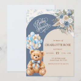 Einladung zur Baby-Party mit staubblauem Teddybär