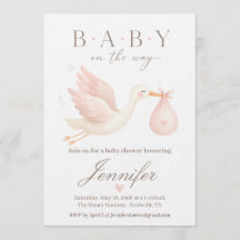 Einladung zur Babyparty mit Klapperstorch in Rosa