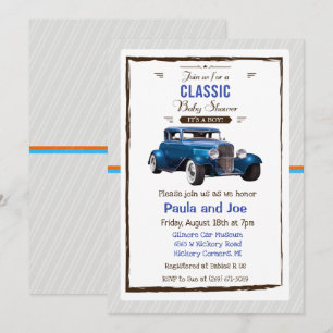 Einladung zur Babyparty mit klassischem Oldtimer