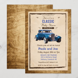 Einladung zur Babyparty mit klassischem Oldtimer