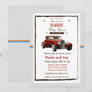 Einladung zur Babyparty mit klassischem Oldtimer