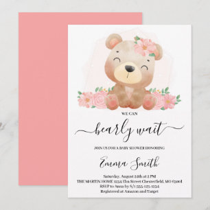 Einladung zur Babyparty mit rosa floralem Teddybär