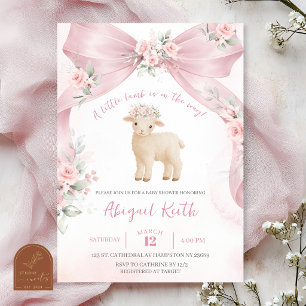 Einladung zur Babyparty mit rosa Schleife und Lamm