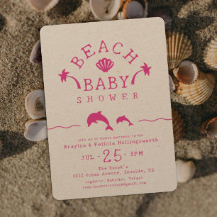 Einladung zur Babyparty mit rosa Strand und Ozean
