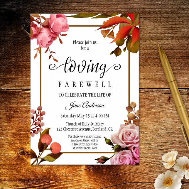 Einladung zur Beerdigung von Elegantin (Elegant floral memorial or funeral service invitation featuring a painting of flowers and berries)
