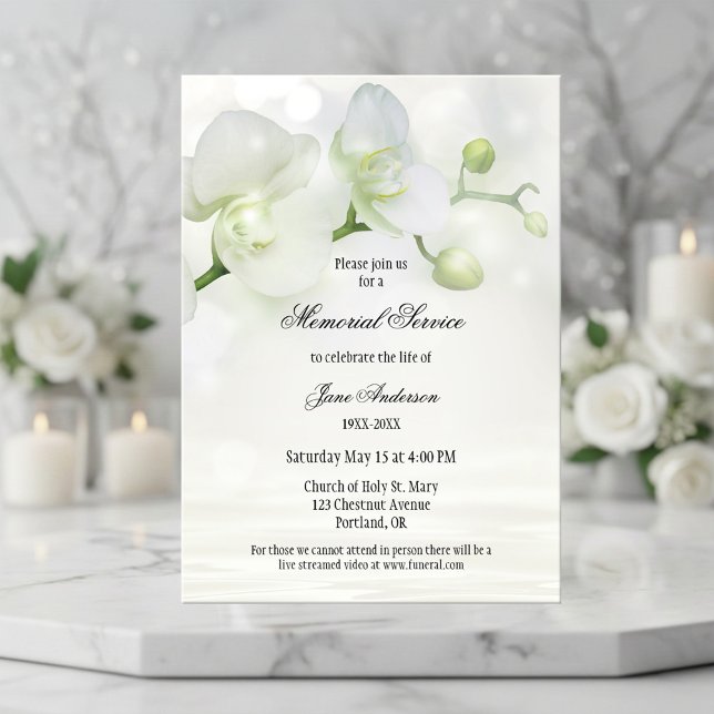 Einladung zur Beerdigung von Orchid (Memorial or funeral service invitation featuring a light design with white orchids)