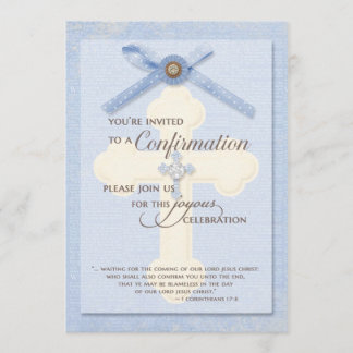 Einladung zur Bestätigung - Blau mit/Kreuz & Ribbo