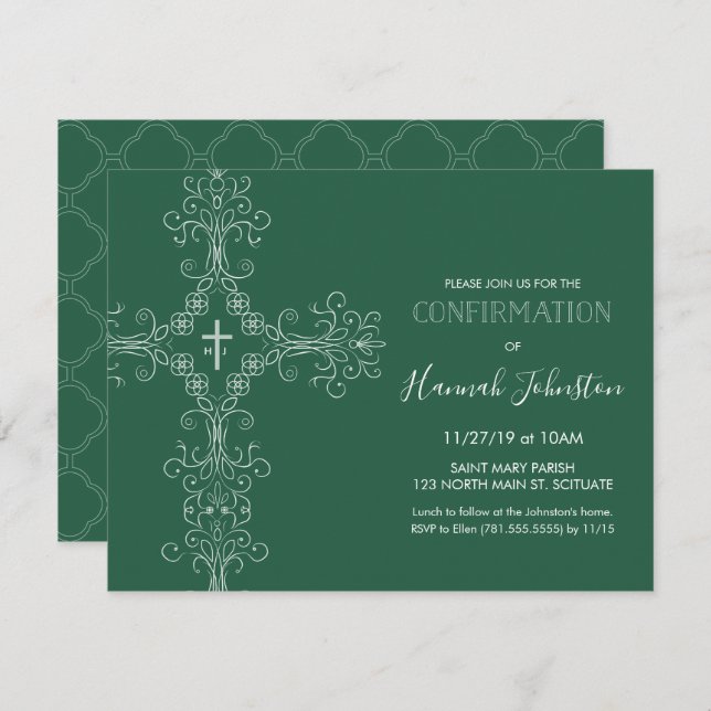 Einladung zur Bestätigung, Kreuz, Monogramm; Junge (Vorne/Hinten)