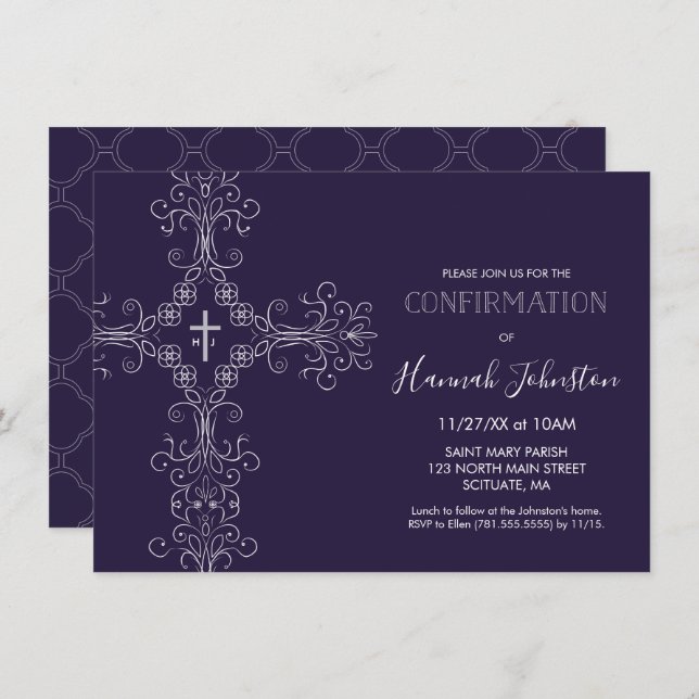 Einladung zur Bestätigung, Kreuz, Monogramm; Junge (Vorne/Hinten)