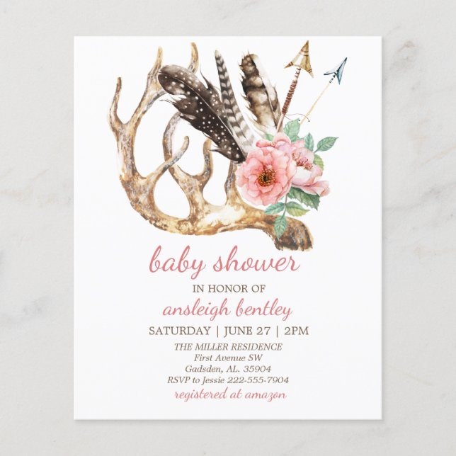 Einladung zur Billig-Blumen- und Antler-Babydusche Flyer (Vorne)