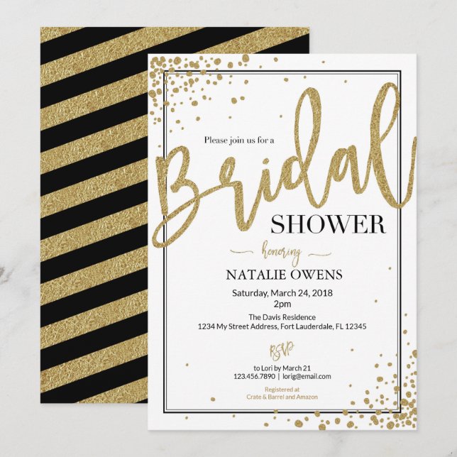 Einladung zur Black and Gold Sparkle Bridal Dusche (Vorne/Hinten)