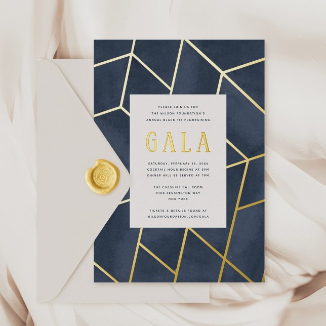 Einladung zur Blue Geometric Gala Gold Foil (Navy blue watercolor and gold foil Geometric Gala Invitation)