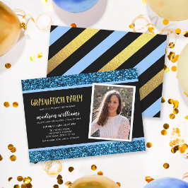 Einladung zur Blue Glitzer Foto Graduation Party