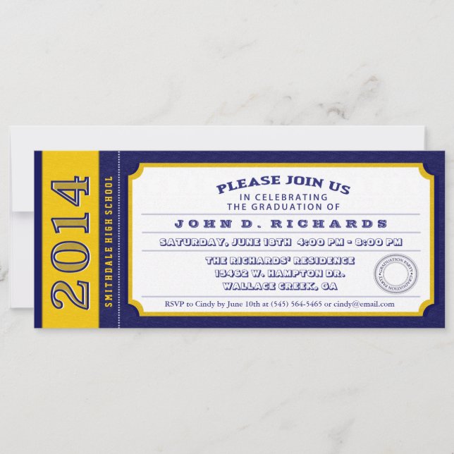 Einladung zur Blue & Gold Ticket Graduation Party (Vorderseite)