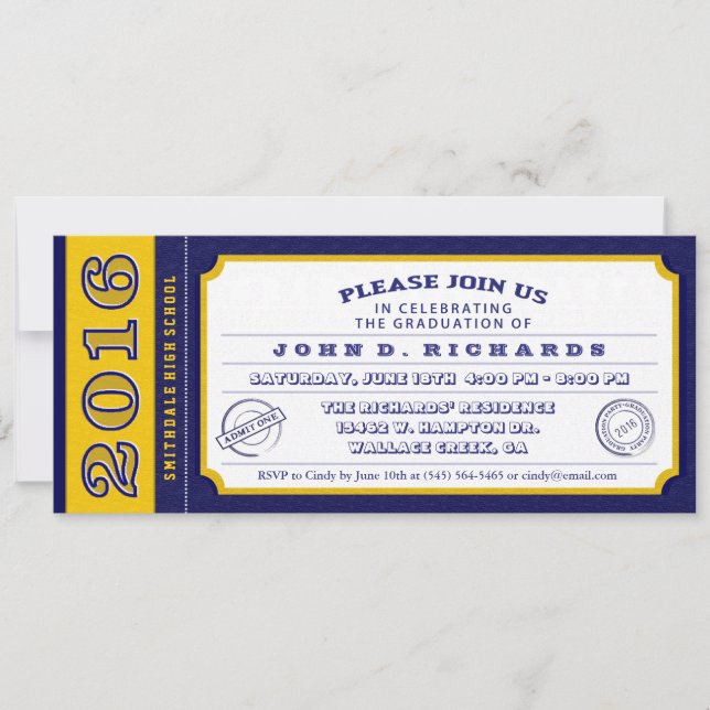 Einladung zur Blue & Gold Ticket Graduation Party (Vorderseite)