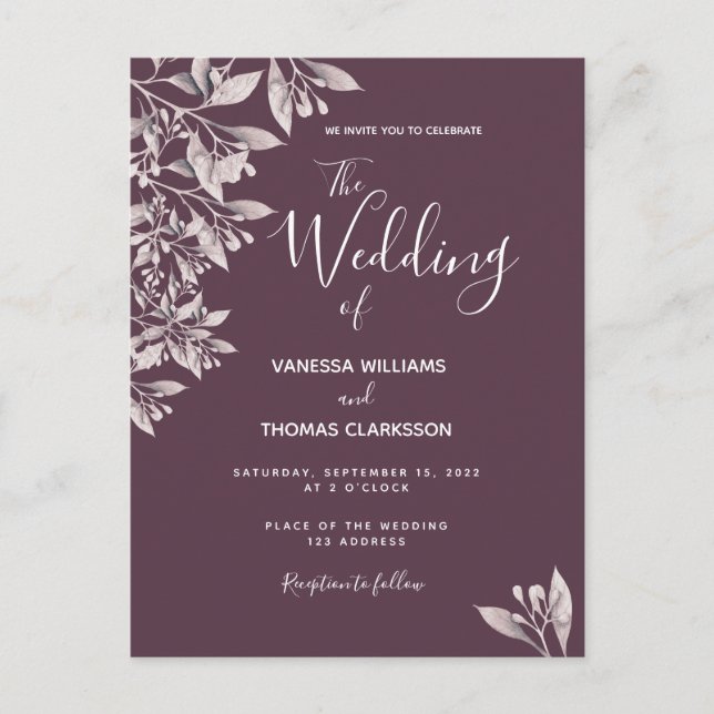 Einladung zur botanischen Hochzeit lila Schriften Postkarte (Vorderseite)