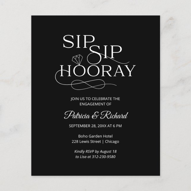 Einladung zur "Budget Sip Hooray Engagement Party" (Vorderseite)
