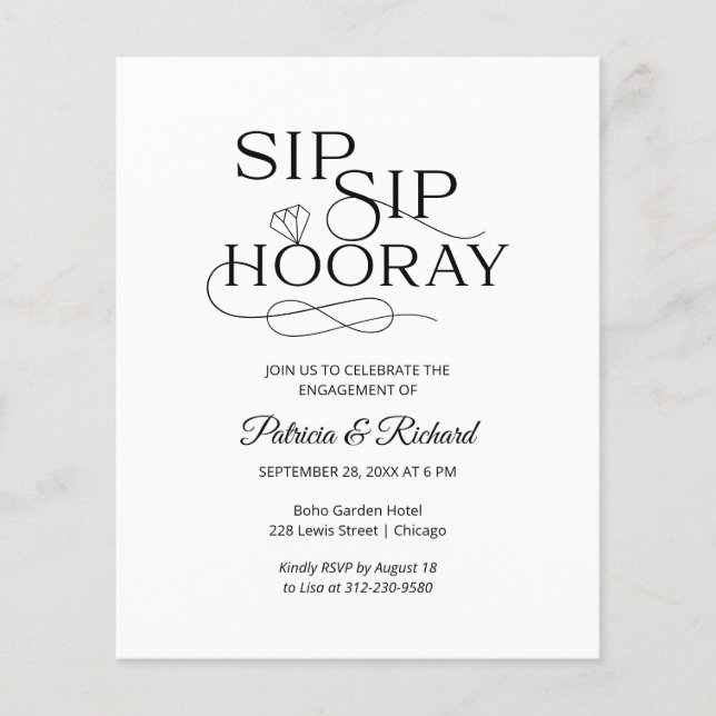 Einladung zur "Budget Sip Hooray Engagement Party" (Vorderseite)