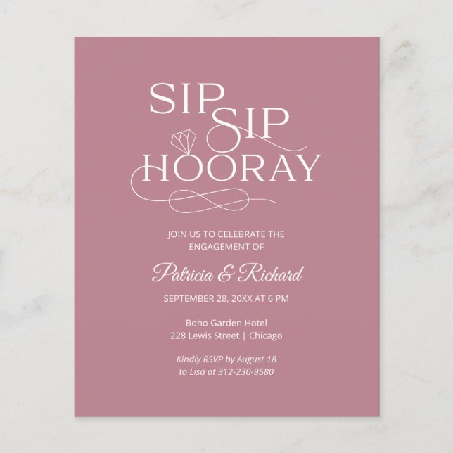 Einladung zur "Budget Sip Hooray Engagement Party" (Vorderseite)