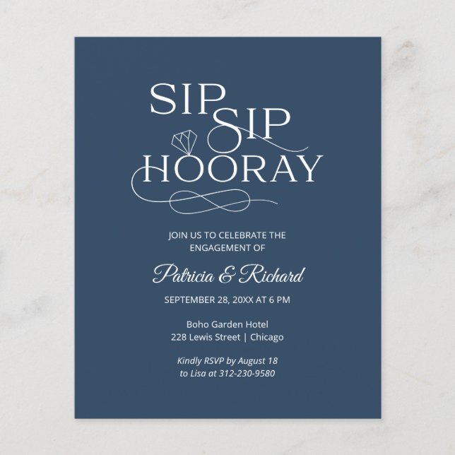 Einladung zur "Budget Sip Hooray Engagement Party" (Vorderseite)