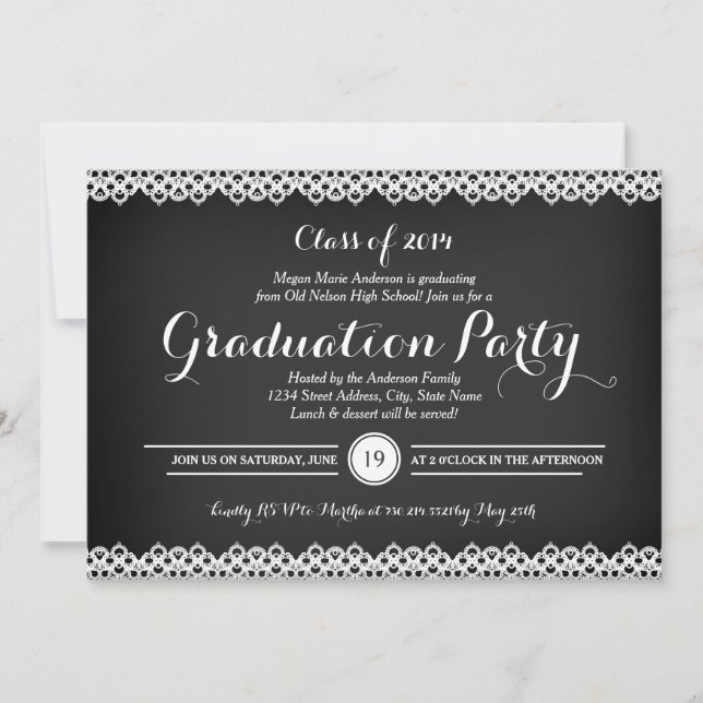 Einladung zur Chalkboard & Lace Graduation Party (Vorderseite)