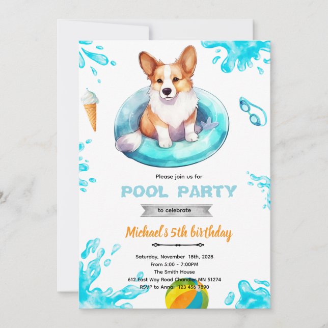 Einladung zur Corgi-Poolparty (Vorderseite)