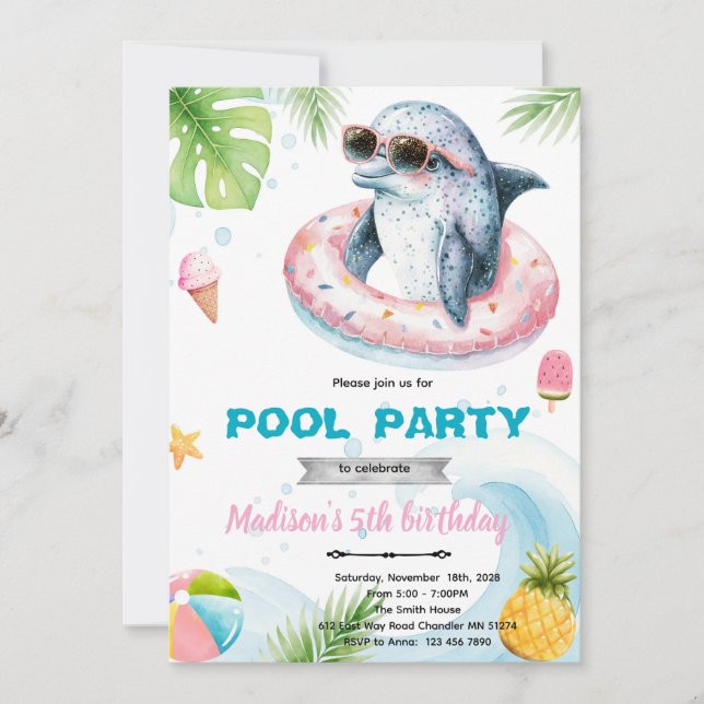 Einladung zur Delfin-Poolparty (Vorderseite)