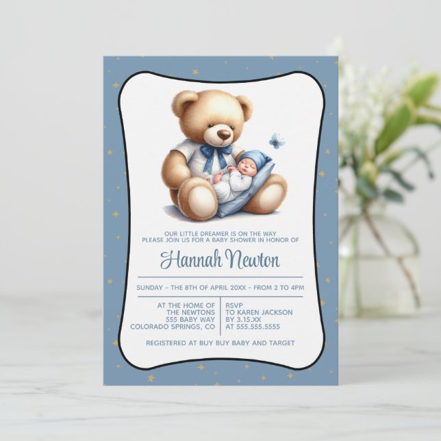Einladung zur Dream Bear Baby Dusche (Stehend Vorderseite)