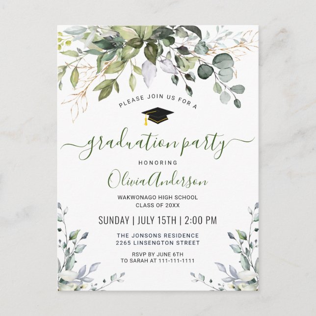 Einladung zur Elegant Eukalyptus Graduation Party Postkarte (Vorderseite)