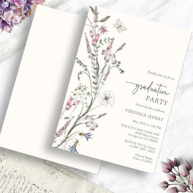 Einladung zur Elegant Graduation Party (Elegant Watercolor Floral Graduation Party Invitation with Butterfly by Painted Paperie
)